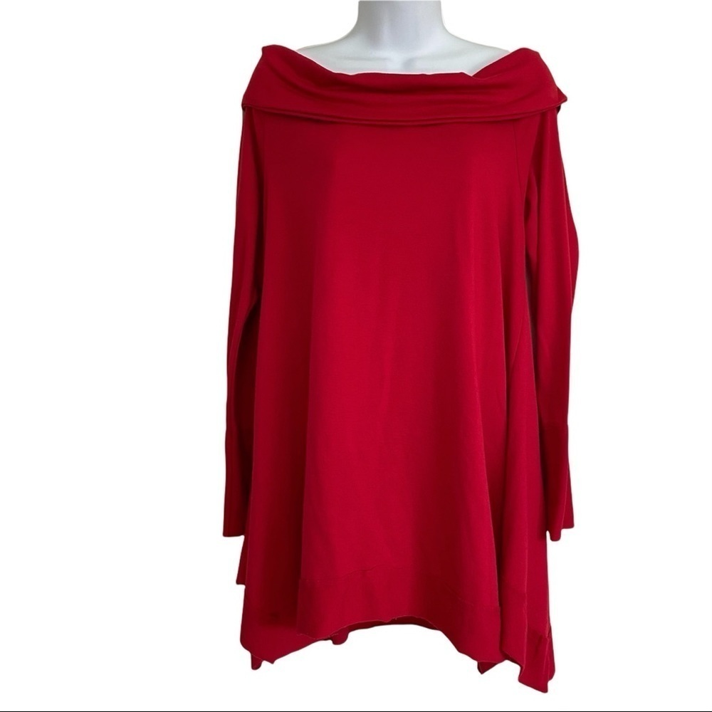 L&B Red Off-the-Shoulder Tunic Top Blouse Sz Large Flowy Stretch Casual Festive